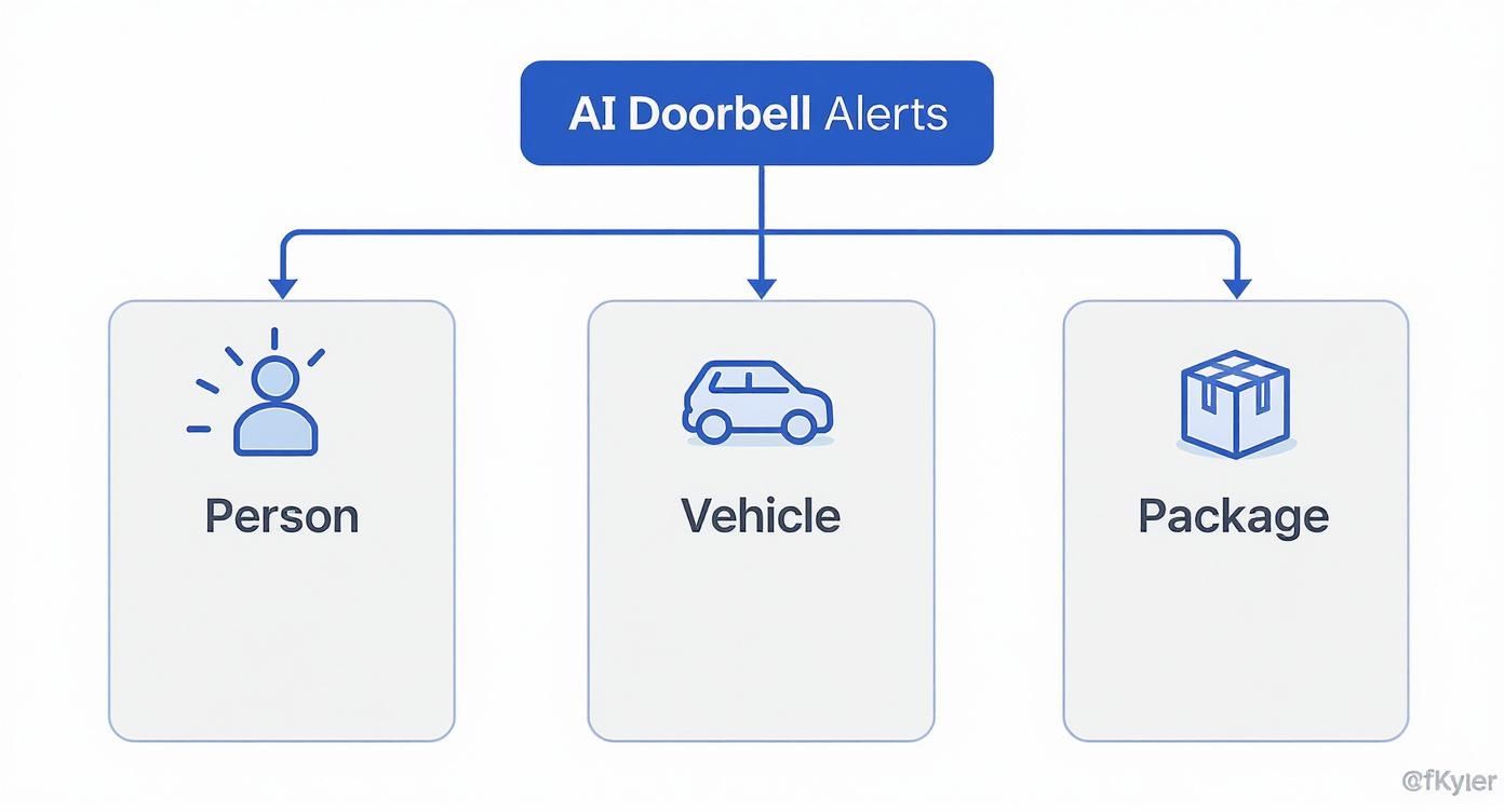 Infographic showing a decision tree for AI doorbell alerts, with icons for Person, Vehicle, and Package, demonstrating intelligent recognition.
