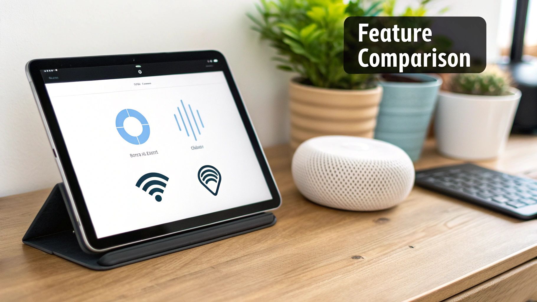A smart home hub dashboard on a tablet showing controls for lighting, security, and climate.