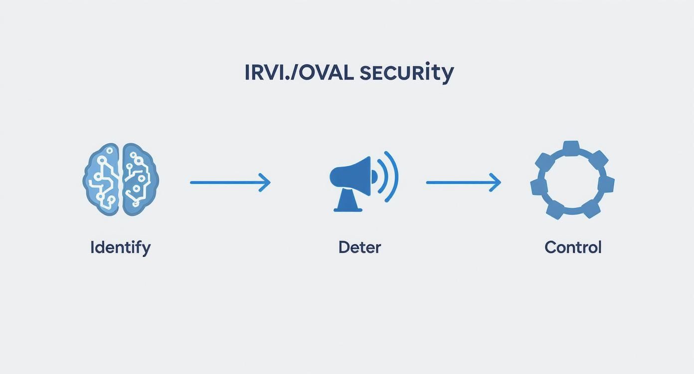 Infographic showing the IRVINEi OVAL security process: Identify with an AI brain icon, Deter with a siren icon, and Control with a hub icon.