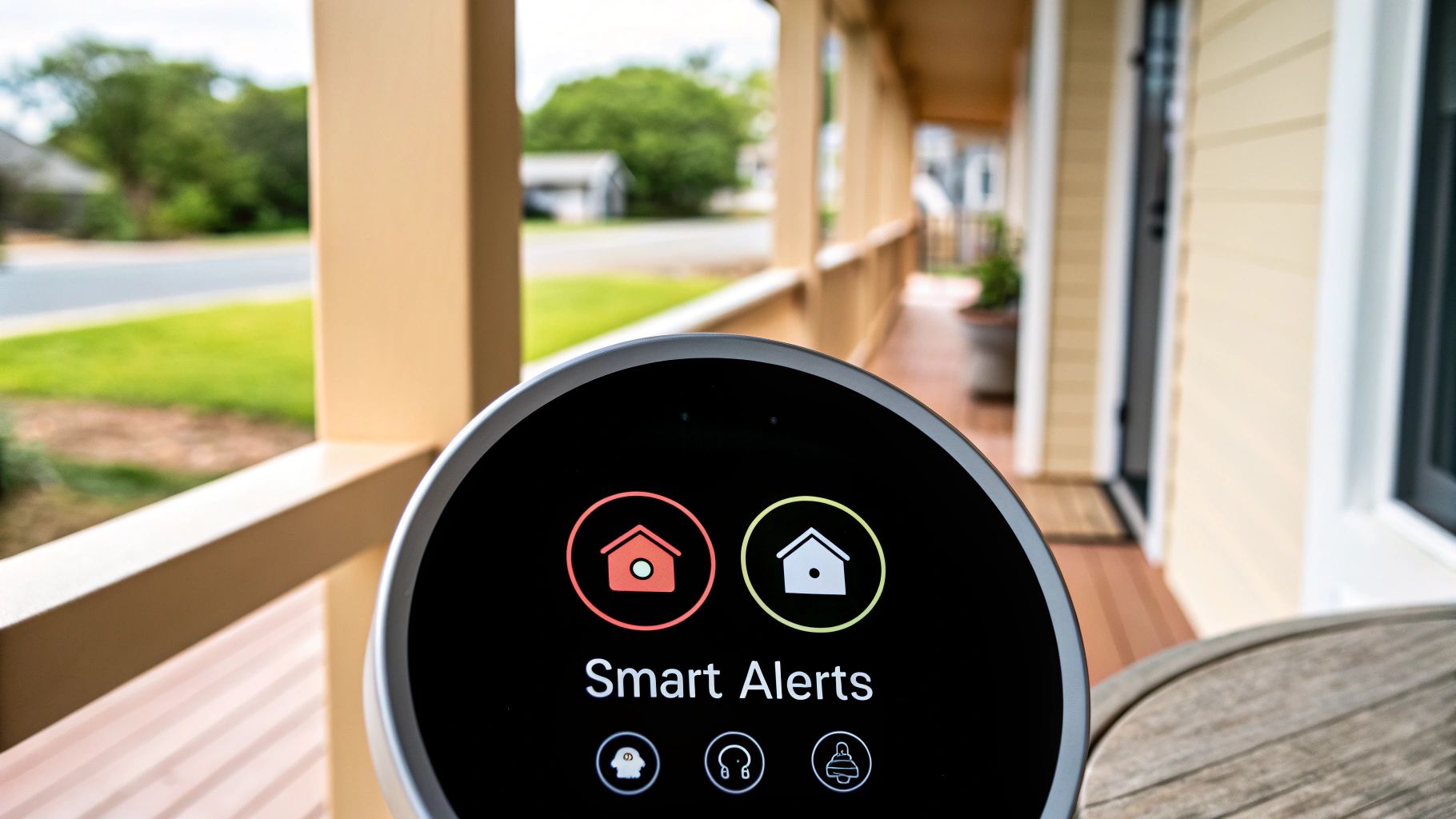 Woman using a smart home hub to control security features in her apartment