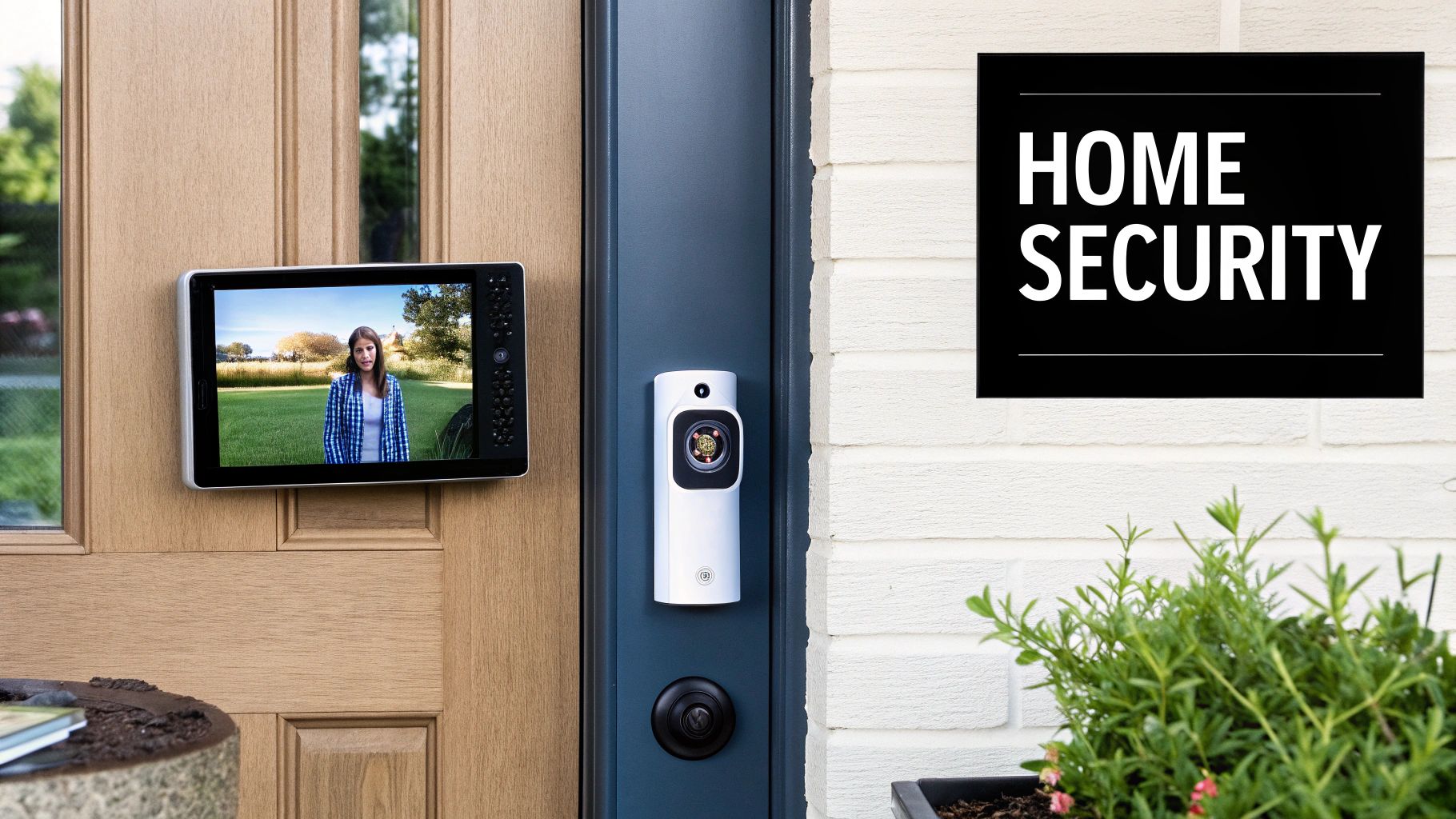 A smart video doorbell mounted on a modern home's entryway.