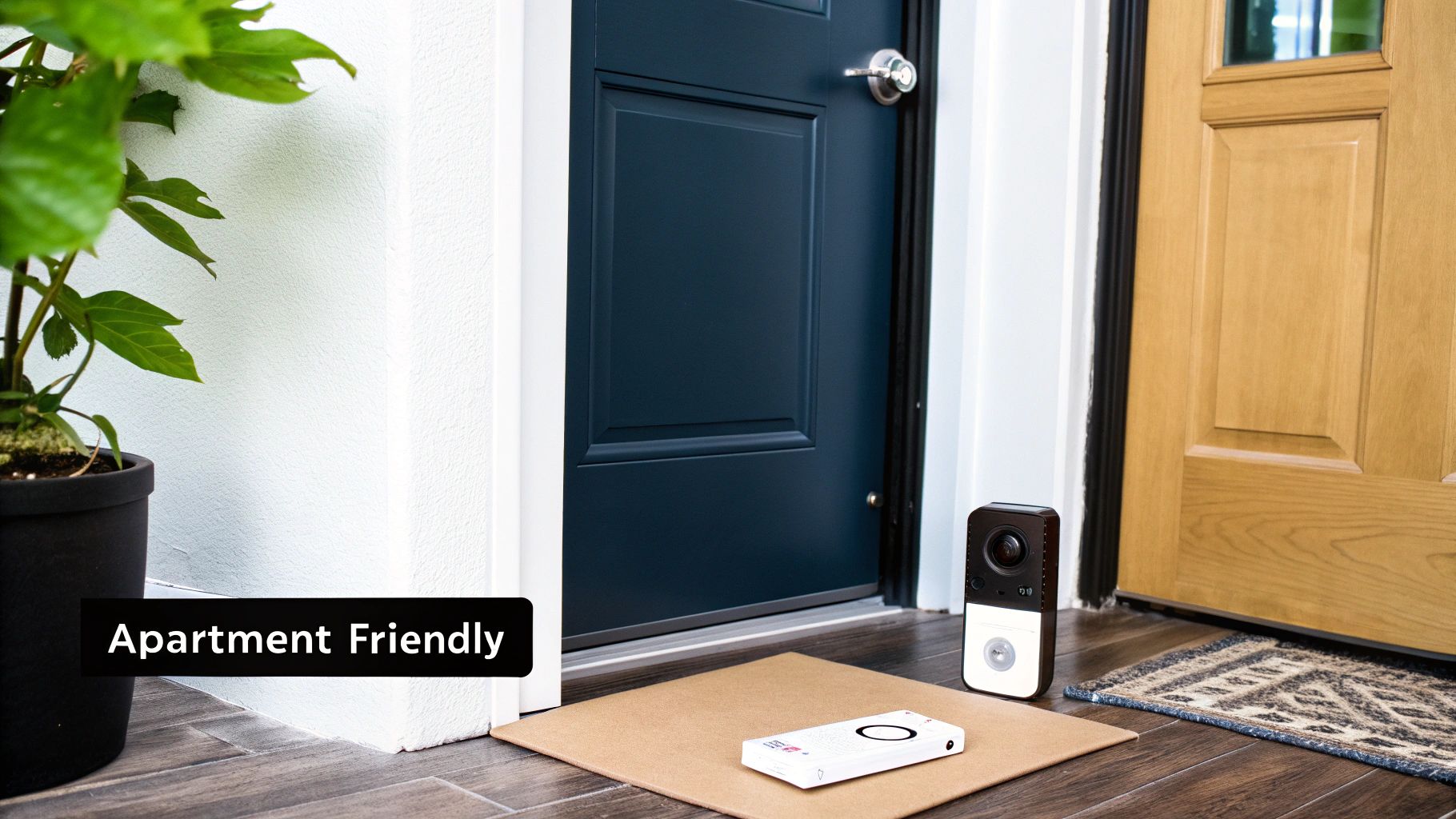 A person using a smart doorbell app on their phone to view the front door of their apartment.
