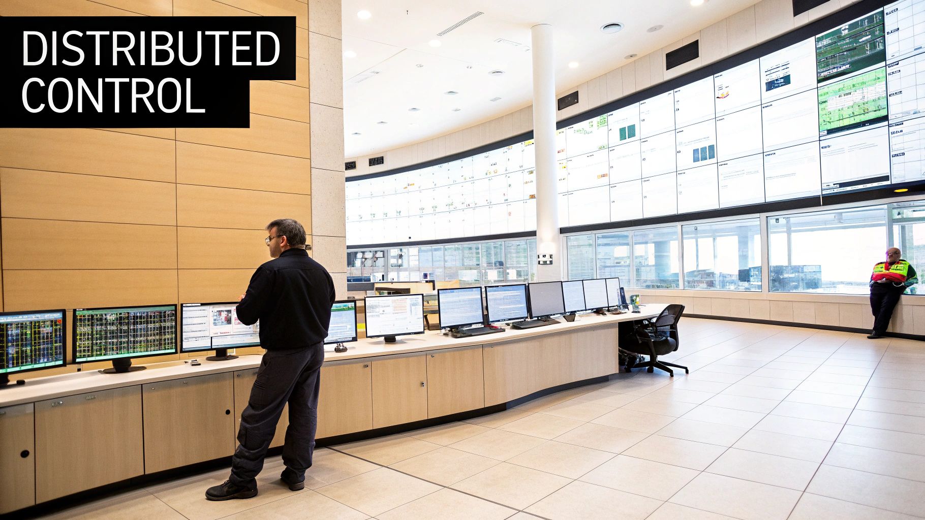 A complex industrial control room with multiple computer screens showing diagrams and data.