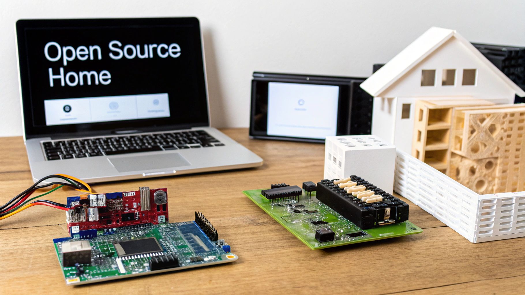 A person interacting with a smart home interface on a tablet, with icons for lights and security.