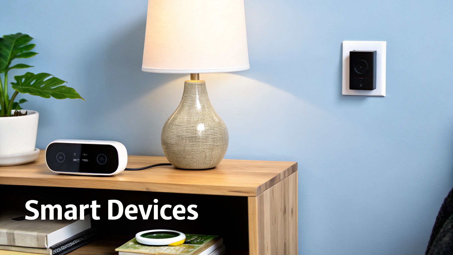 A modern living room showcasing various smart home devices like smart lights and a smart speaker on a coffee table.