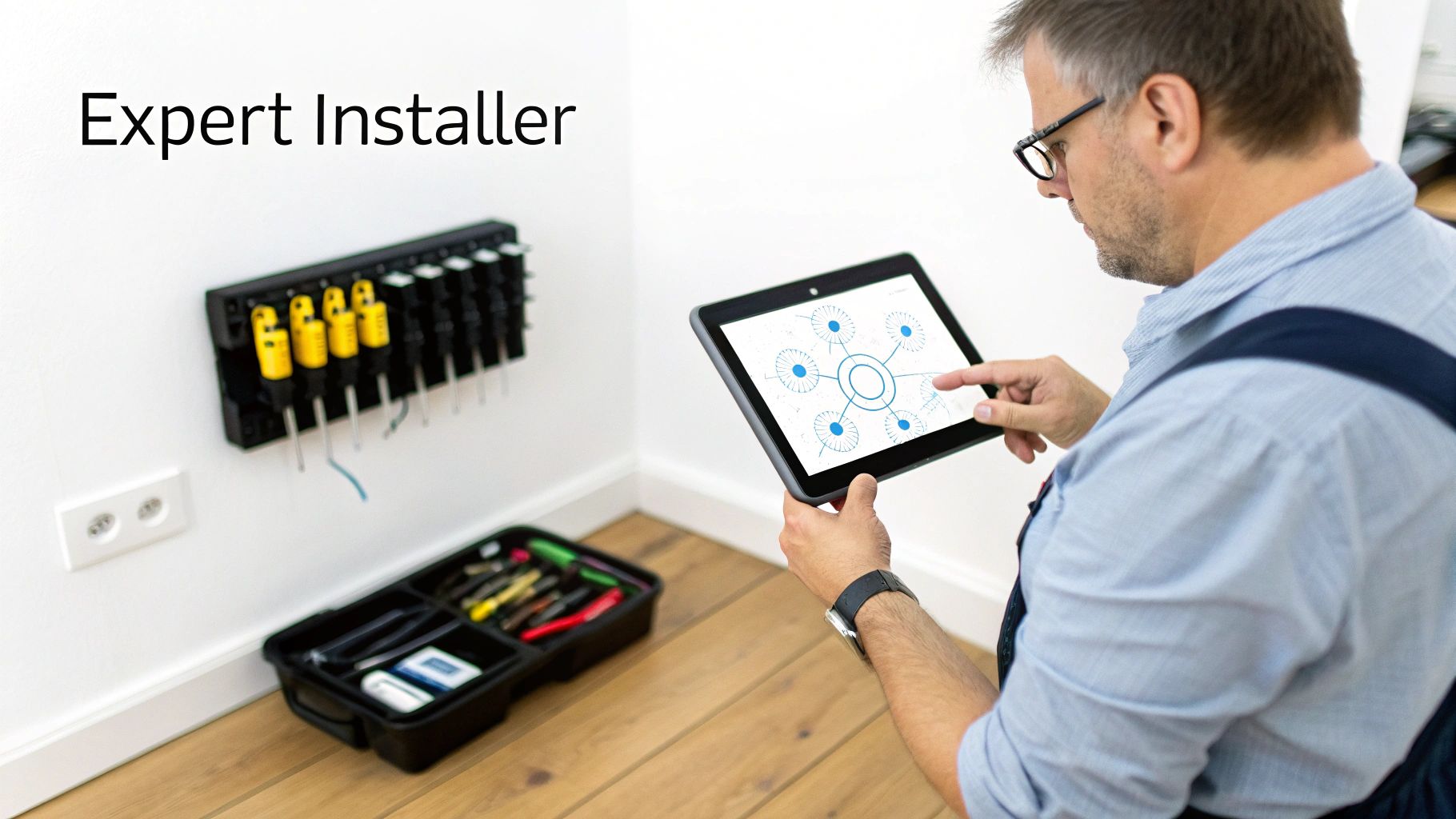A professional home automation installer working on an IRVINEi OVAL device.