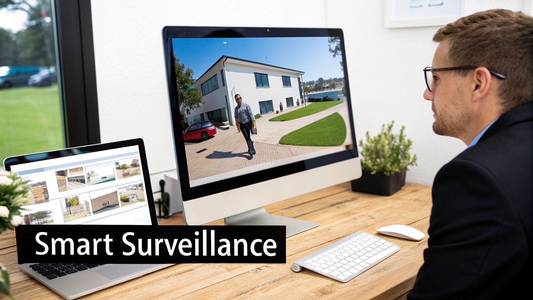 An AI-powered security hub interface showing multiple camera feeds and alerts