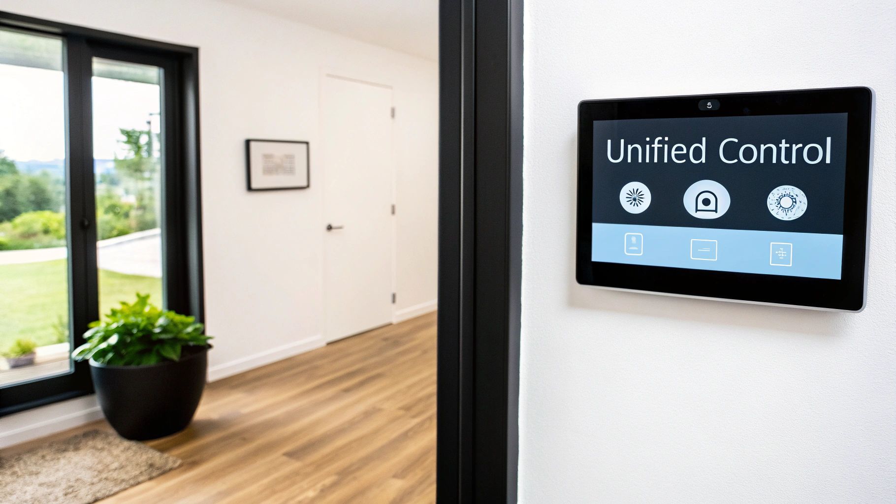 A modern, sleek home automation hub mounted on a wall, displaying a user-friendly interface with icons for security, lighting, and climate control.