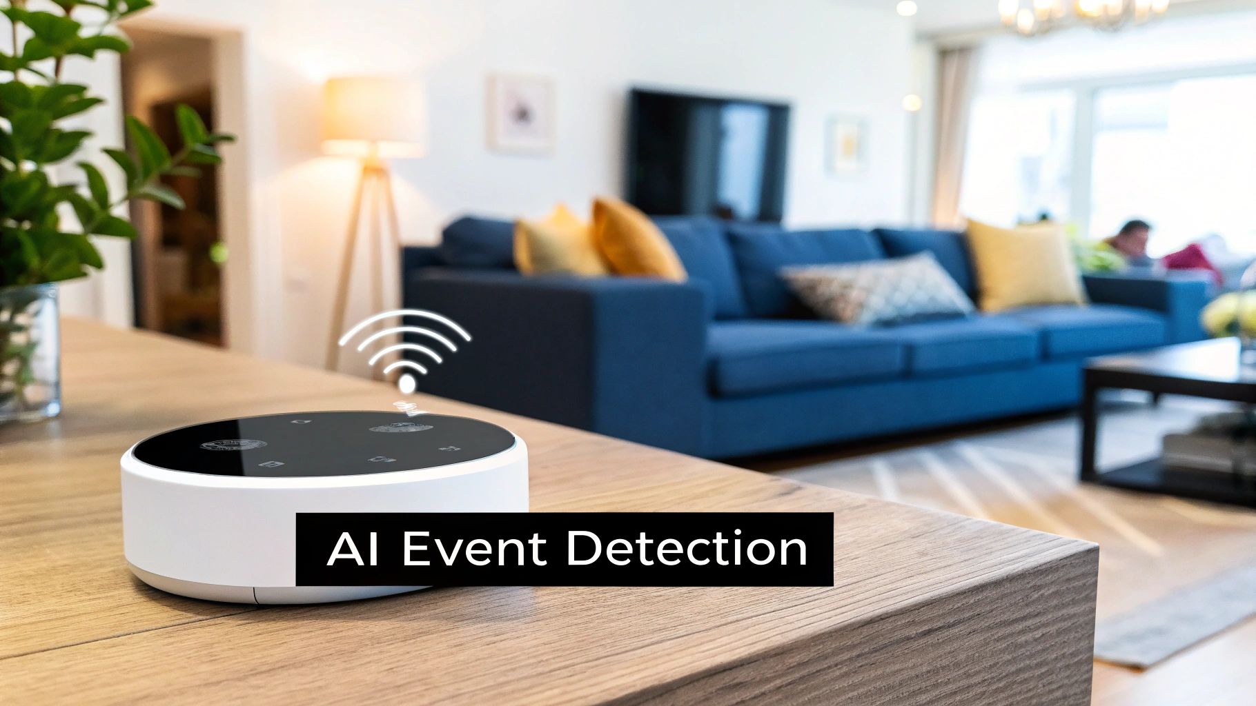 An AI-powered smart home security device, OVAL, showing its event detection capabilities on a screen.