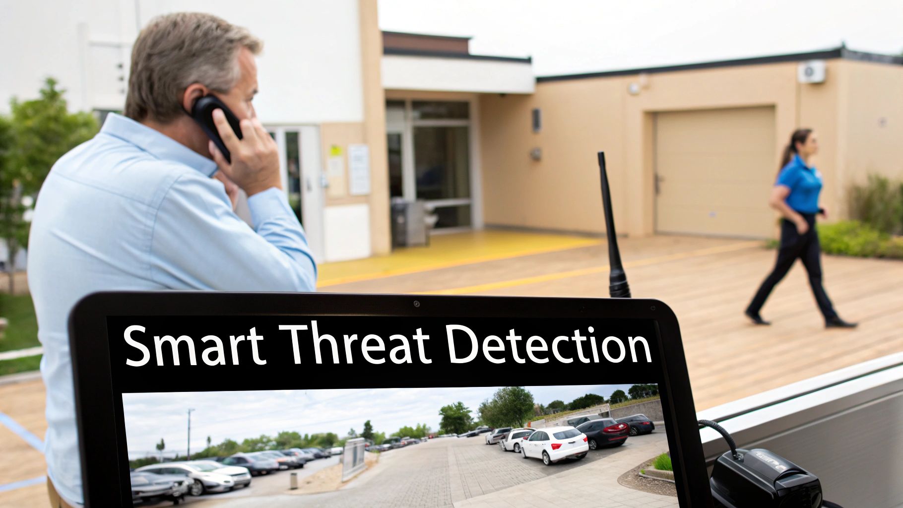 AI-powered security system interface showing identified objects like people, packages, and vehicles.