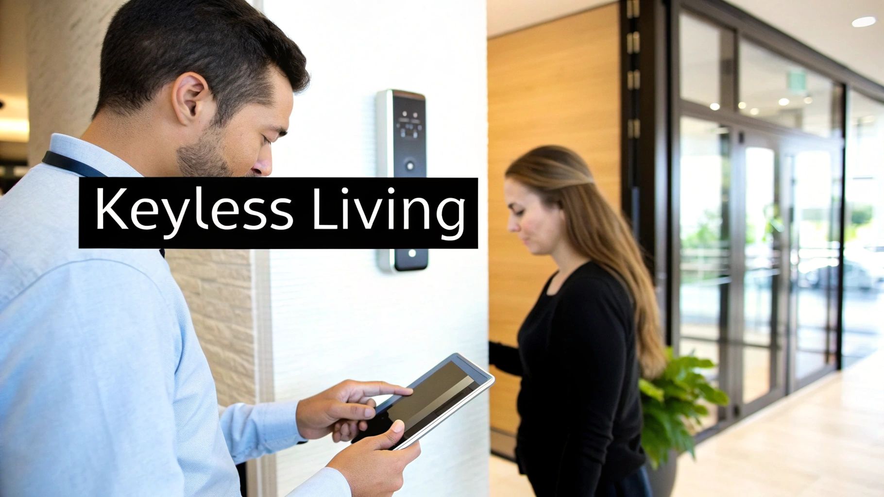 A modern smart lock installed on an apartment door, showcasing a sleek design.