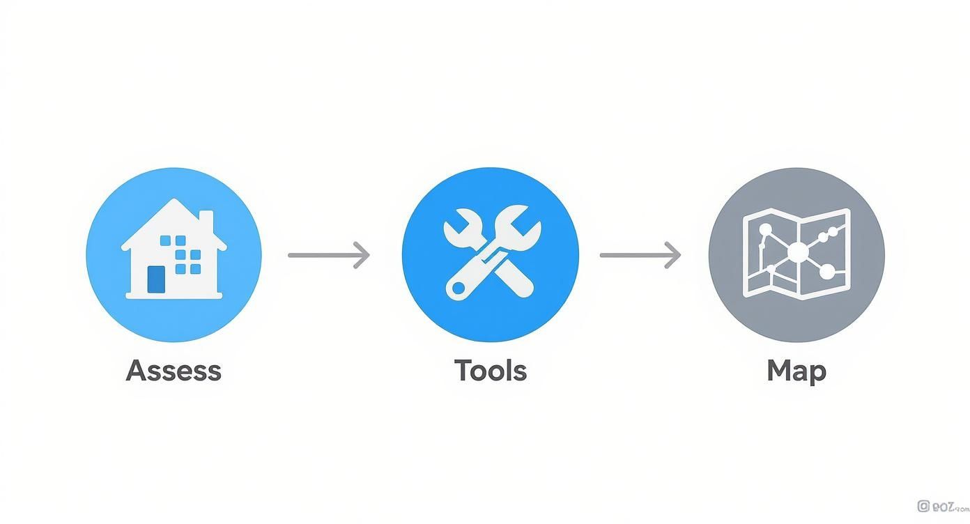 Infographic showing the three-step process for planning a smart home installation Assess your home layout, gather the necessary tools, and map your device network.