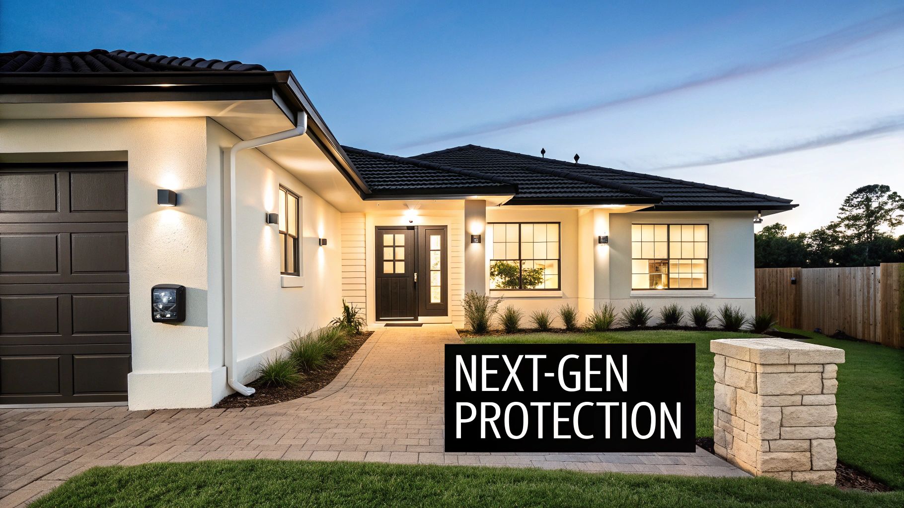 A modern, sleek home security hub mounted on a wall, displaying a clean user interface with icons for lights, locks, and cameras, representing the central brain of a smart home.