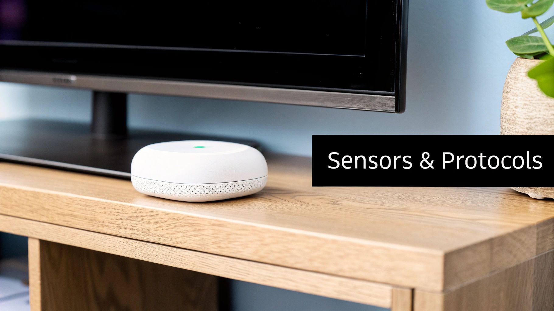 A digital illustration showing various smart home devices like sensors, cameras, and thermostats connected by glowing lines to a central hub, symbolizing the interconnected network of a smart home.