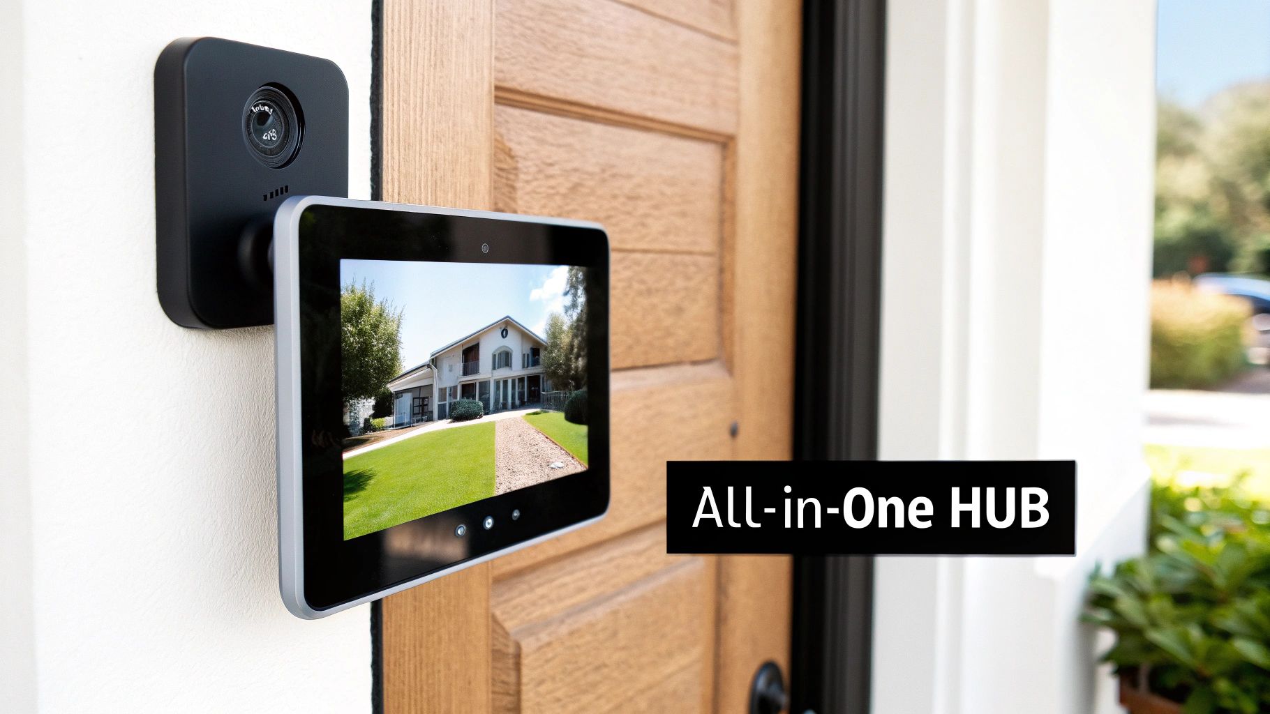A sleek, modern IRVINEi OVAL device mounted next to a front door, showcasing its touch screen.
