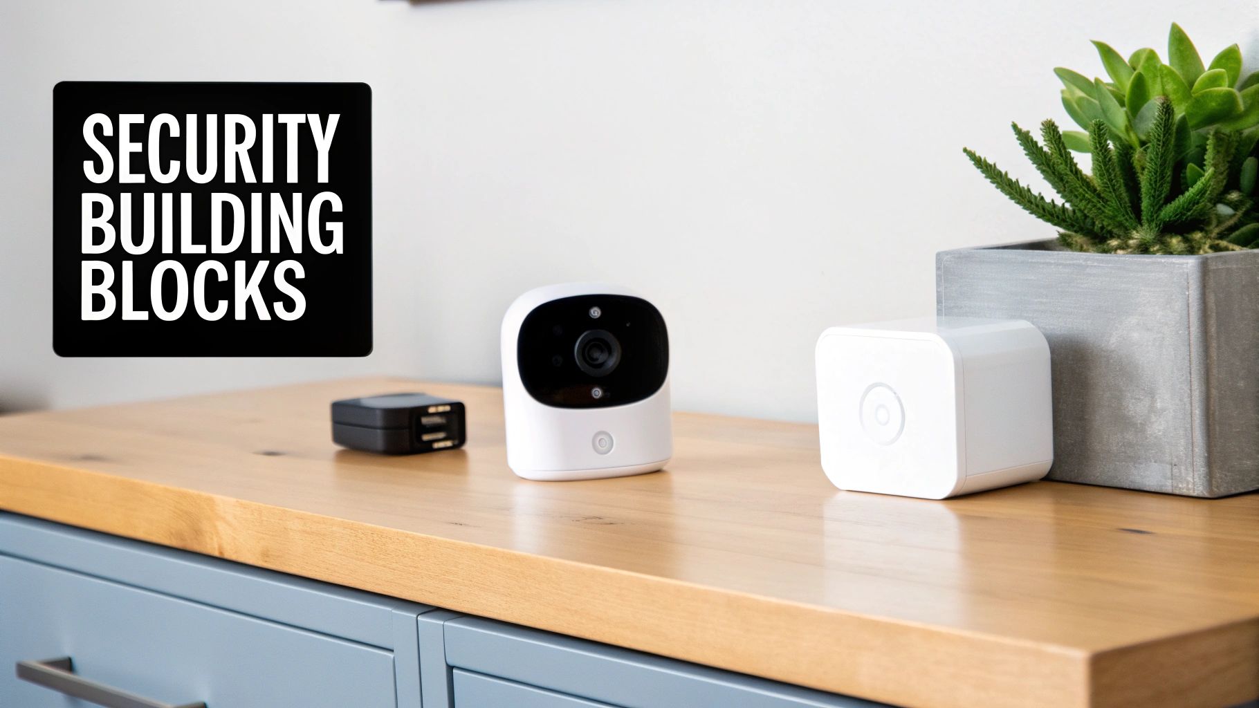 A blueprint of a security system layout superimposed over an image of a modern small business.