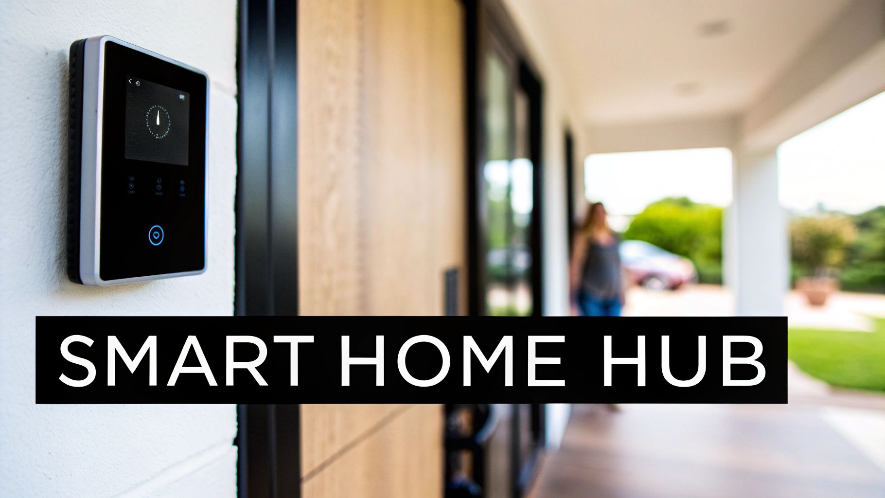 The IRVINEi OVAL device, a sleek, oval-shaped smart doorbell with a large touchscreen.