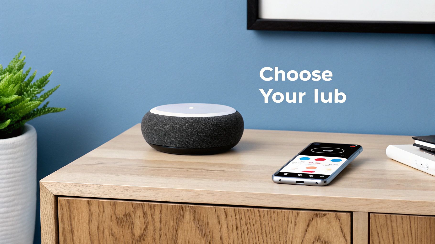 A person using a smartphone to control various smart home devices displayed on the screen.