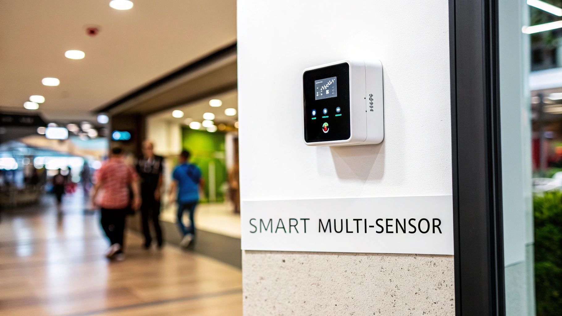 A small business owner using a tablet to monitor their property with the OVAL device visible on the wall, showing its multi-sensor capabilities.