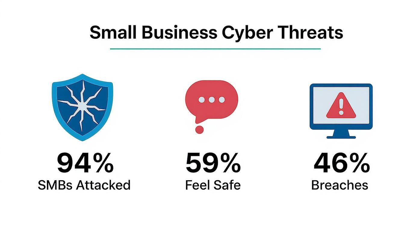 Infographic showing that 94% of SMBs have been attacked, 59% feel safe, and 46% of breaches affect them.