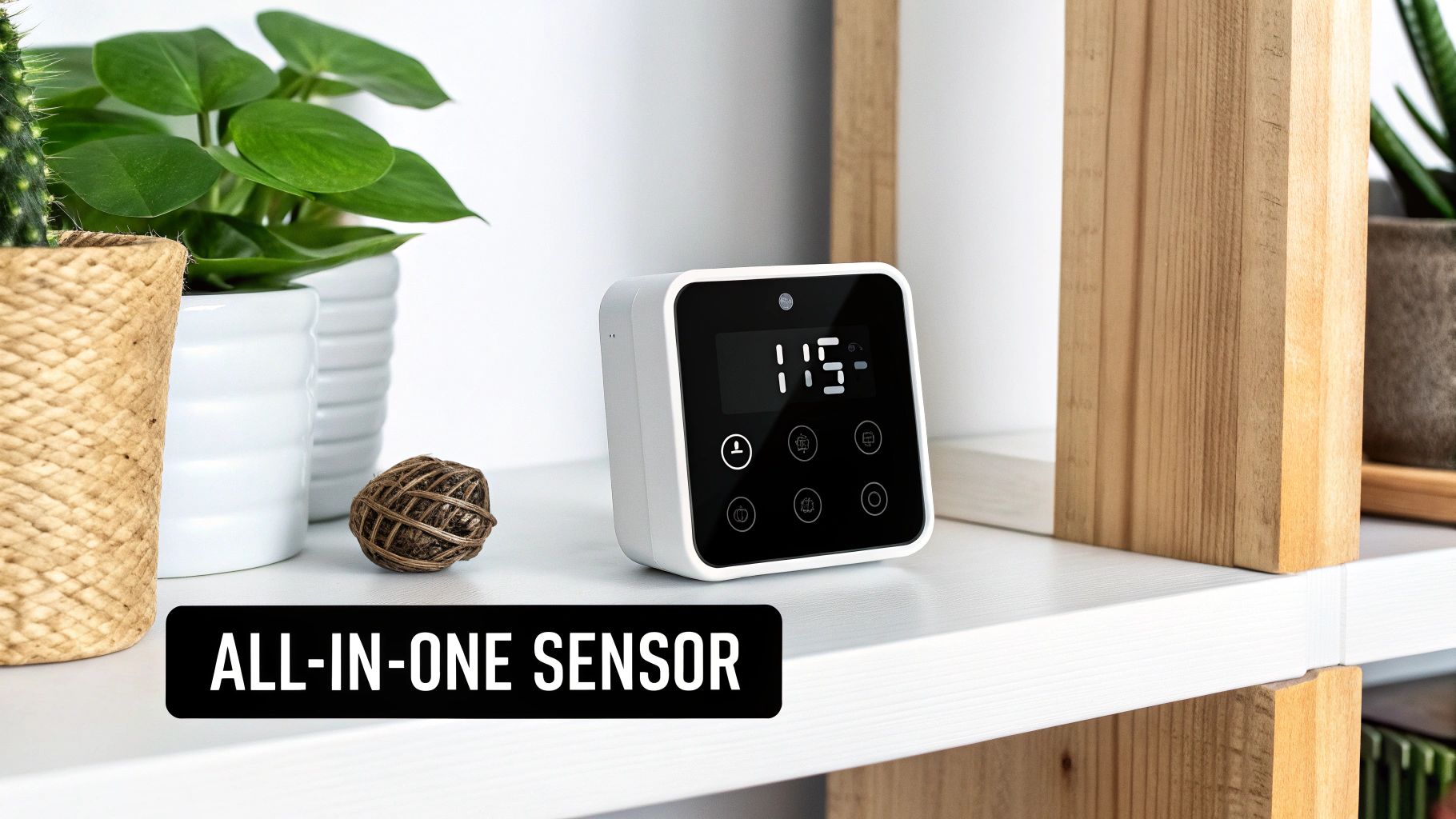 An IRVINEi OVAL device mounted on a wall next to a door, showcasing its discreet and modern design.