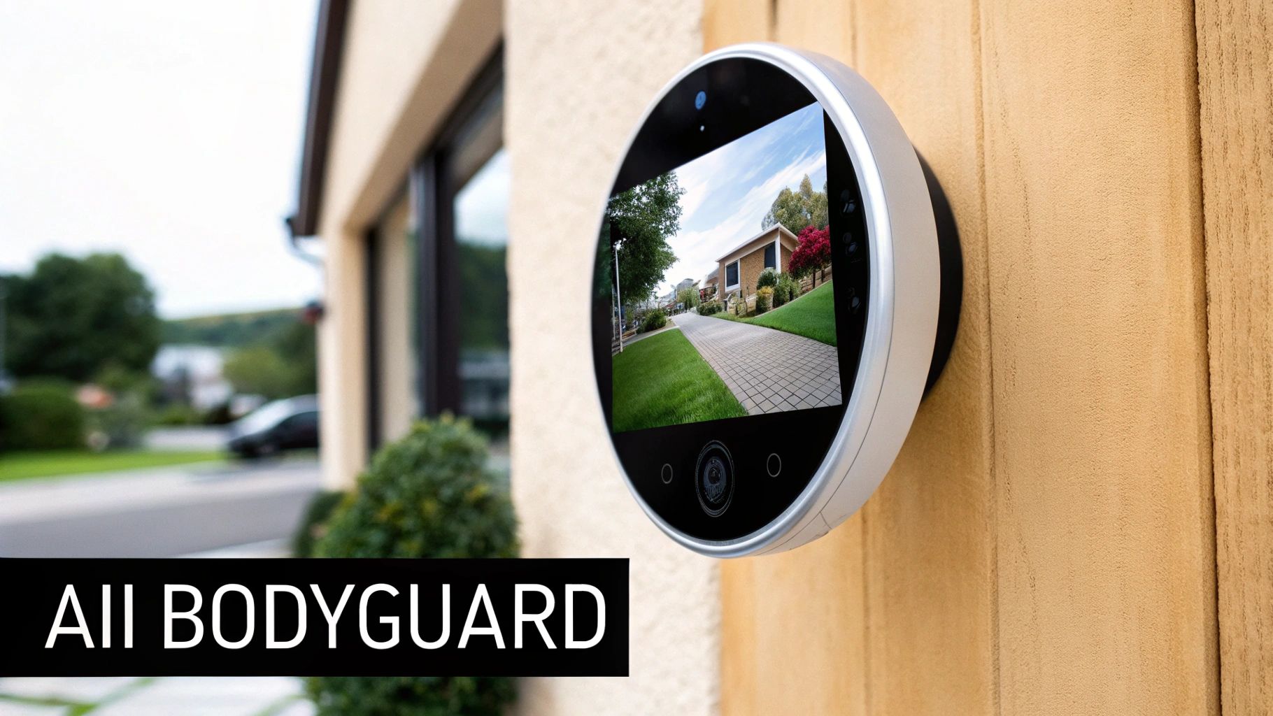 The IRVINEi OVAL smart hub device, showing its sleek touch screen interface.