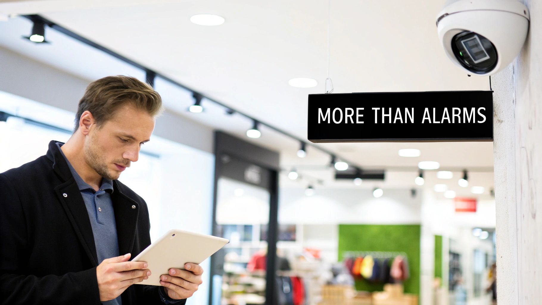 A small business owner using a tablet to view security camera footage inside their retail store.