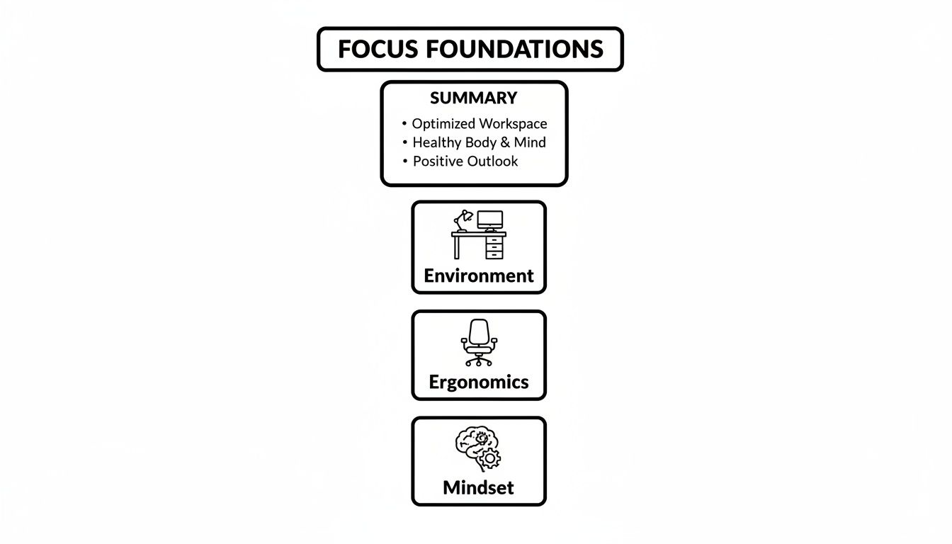 Diagram illustrating 'Focus Foundations' with components for focus: Workspace, Body & Mind, Outlook, Environment, Ergonomics, Mindset.