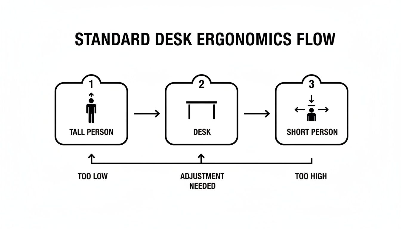 Flowchart illustrating standard desk ergonomics: how a desk can be too low for tall and too high for short people.