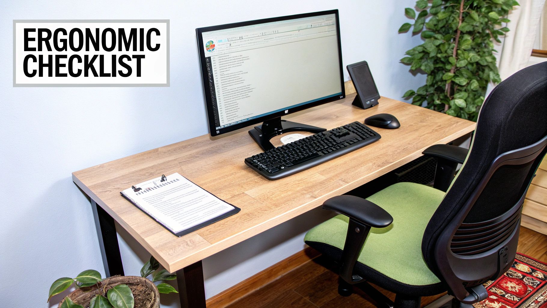 A clean home office setup featuring a wooden desk, computer, ergonomic chair, and an ergonomic checklist.