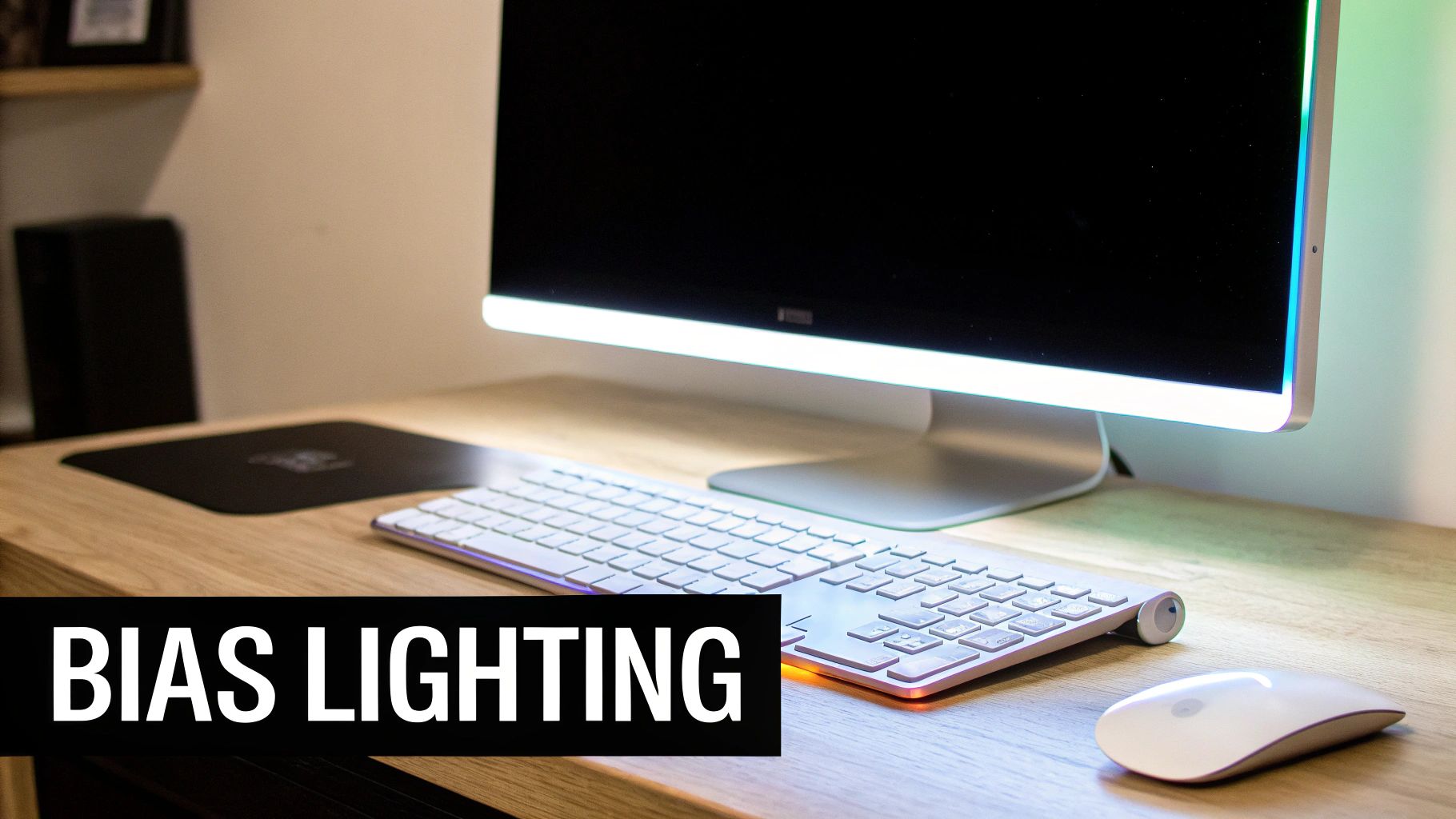 Modern office desk with an iMac and peripherals, illuminated by colorful RGB bias lighting.