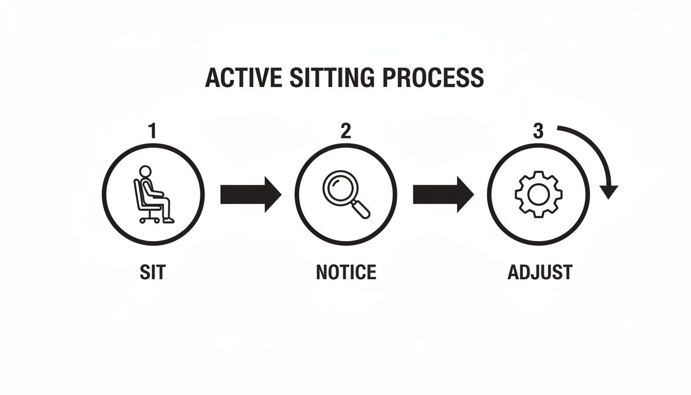 Diagram illustrating the Active Sitting Process with three steps: Sit, Notice, and Adjust for better posture.