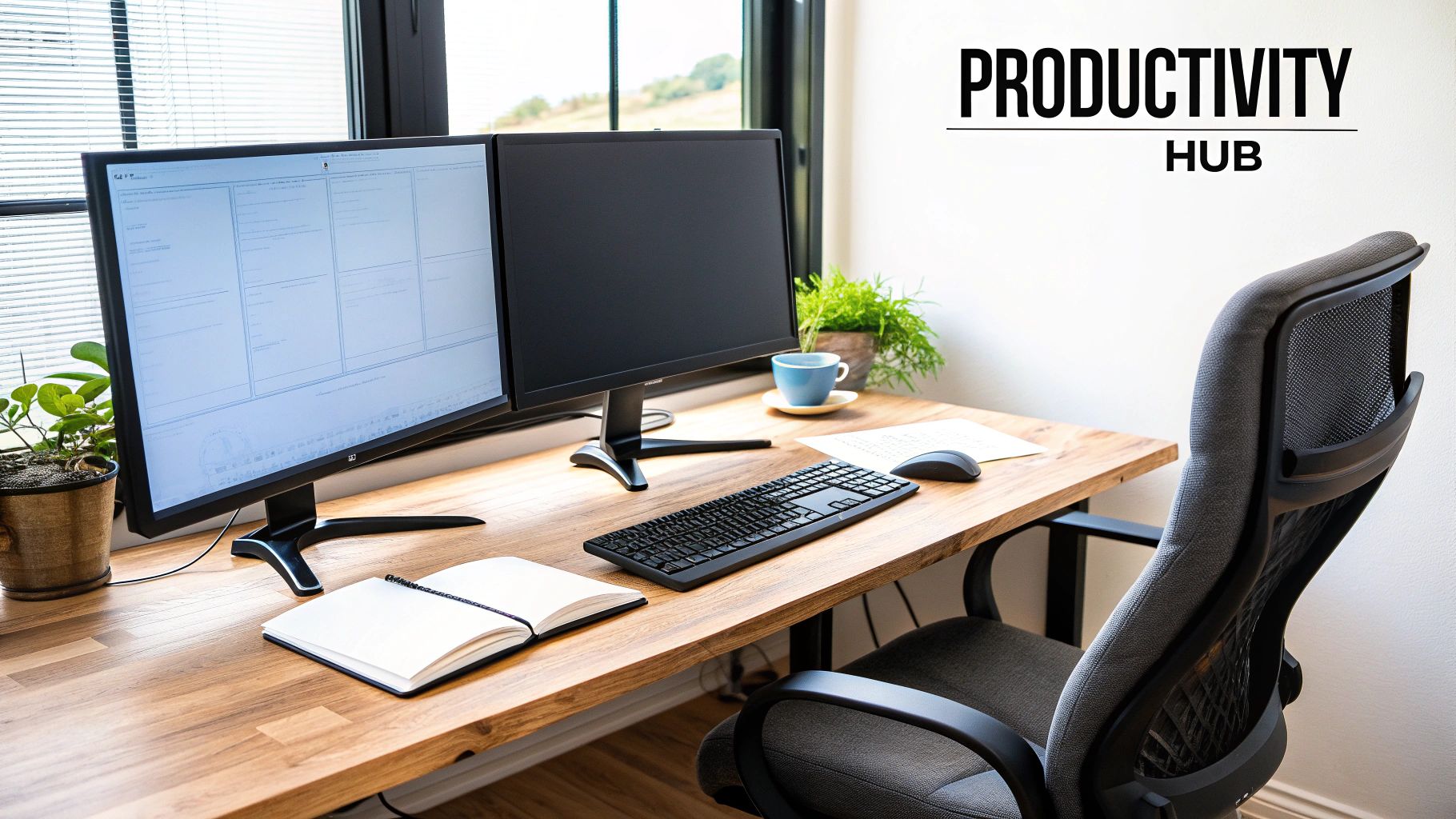 A well-organized wooden desk featuring a dual monitor computer setup, keyboard, mouse, and office chair.