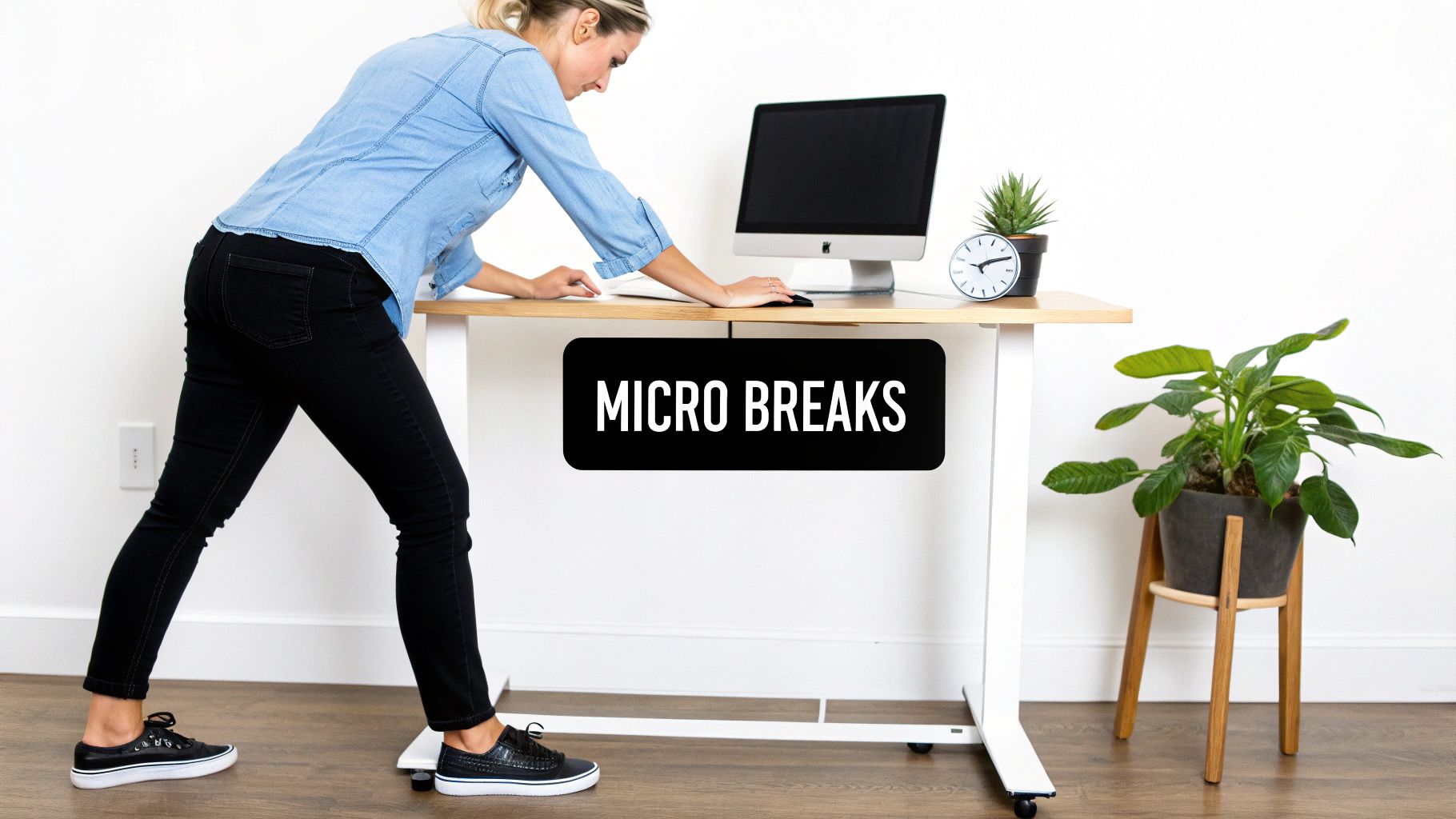A woman works at a standing desk with a computer and plants, promoting "MICRO BREAKS".