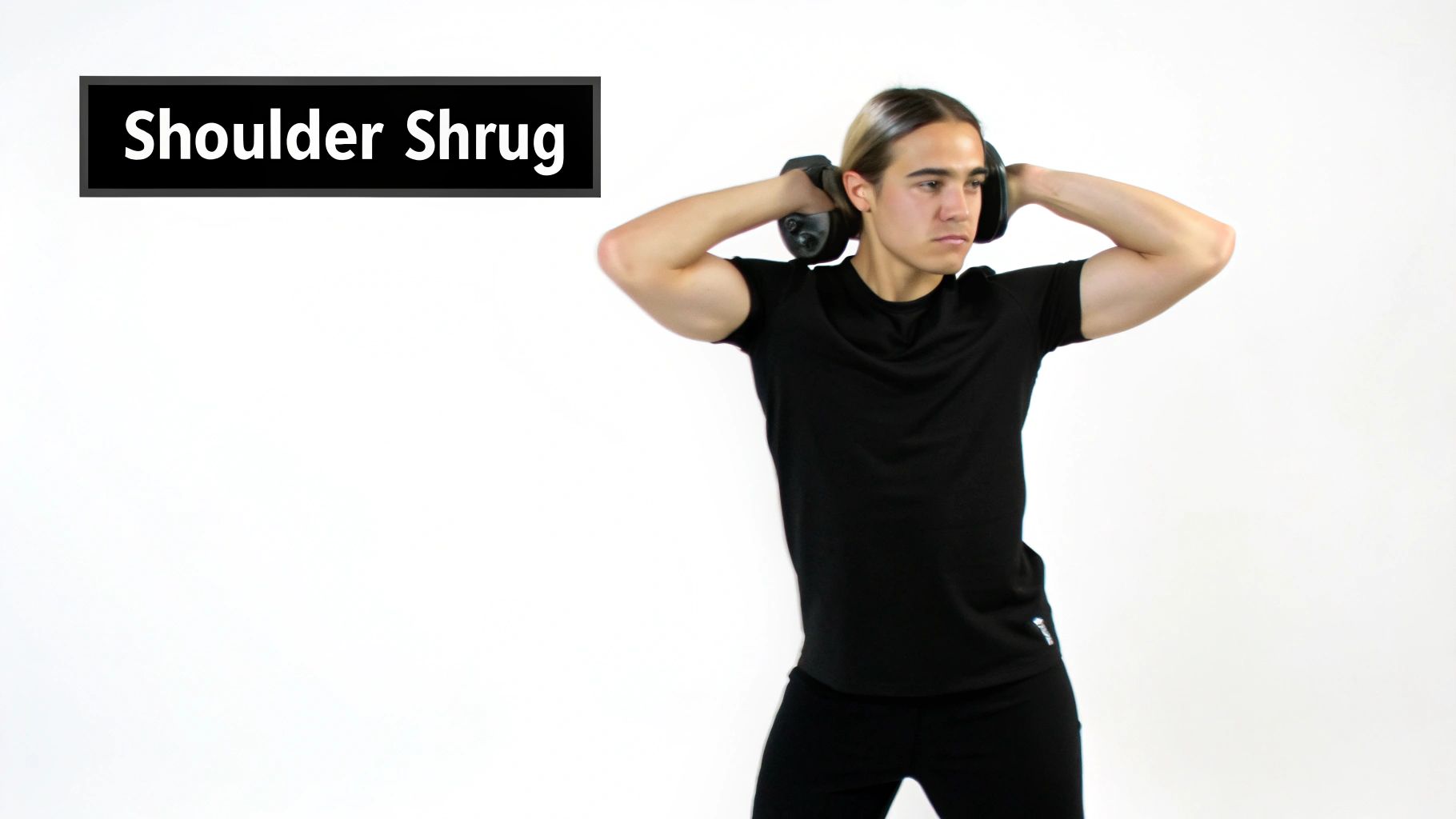 A person in a black shirt holds dumbbells behind their head, performing a shoulder shrug exercise.