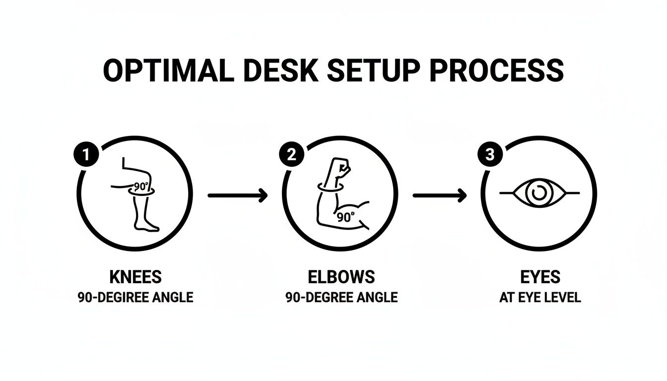 Diagram illustrating optimal desk setup process: knees and elbows at 90 degrees, and eyes at eye level.