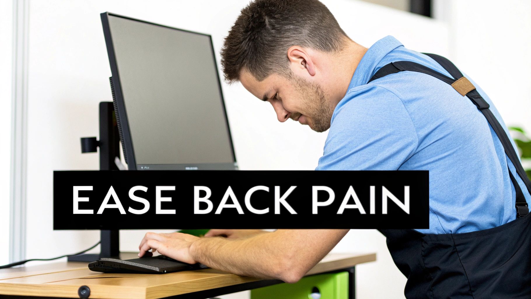 A man with poor posture hunched over a keyboard at a desk, looking uncomfortable and in pain.