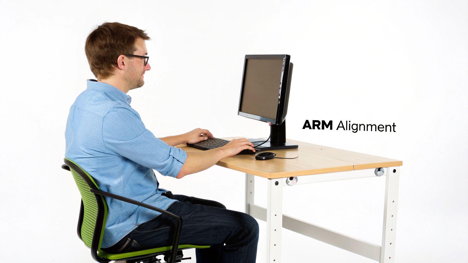 Man with glasses sitting at a desk with a monitor, keyboard, and mouse, demonstrating arm alignment.