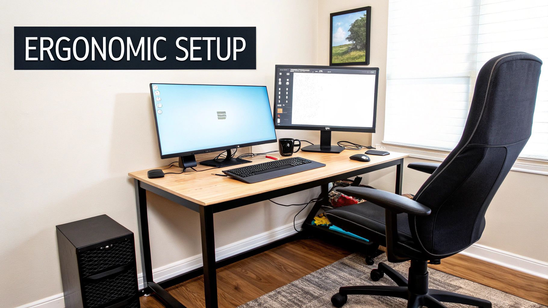 A clean and organized ergonomic home office setup with dual monitors, a black chair, and a light wood desk.