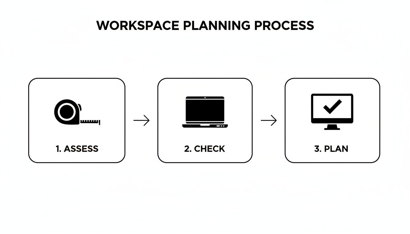 A three-step diagram illustrating the workspace planning process: assess, check, and plan with icons.