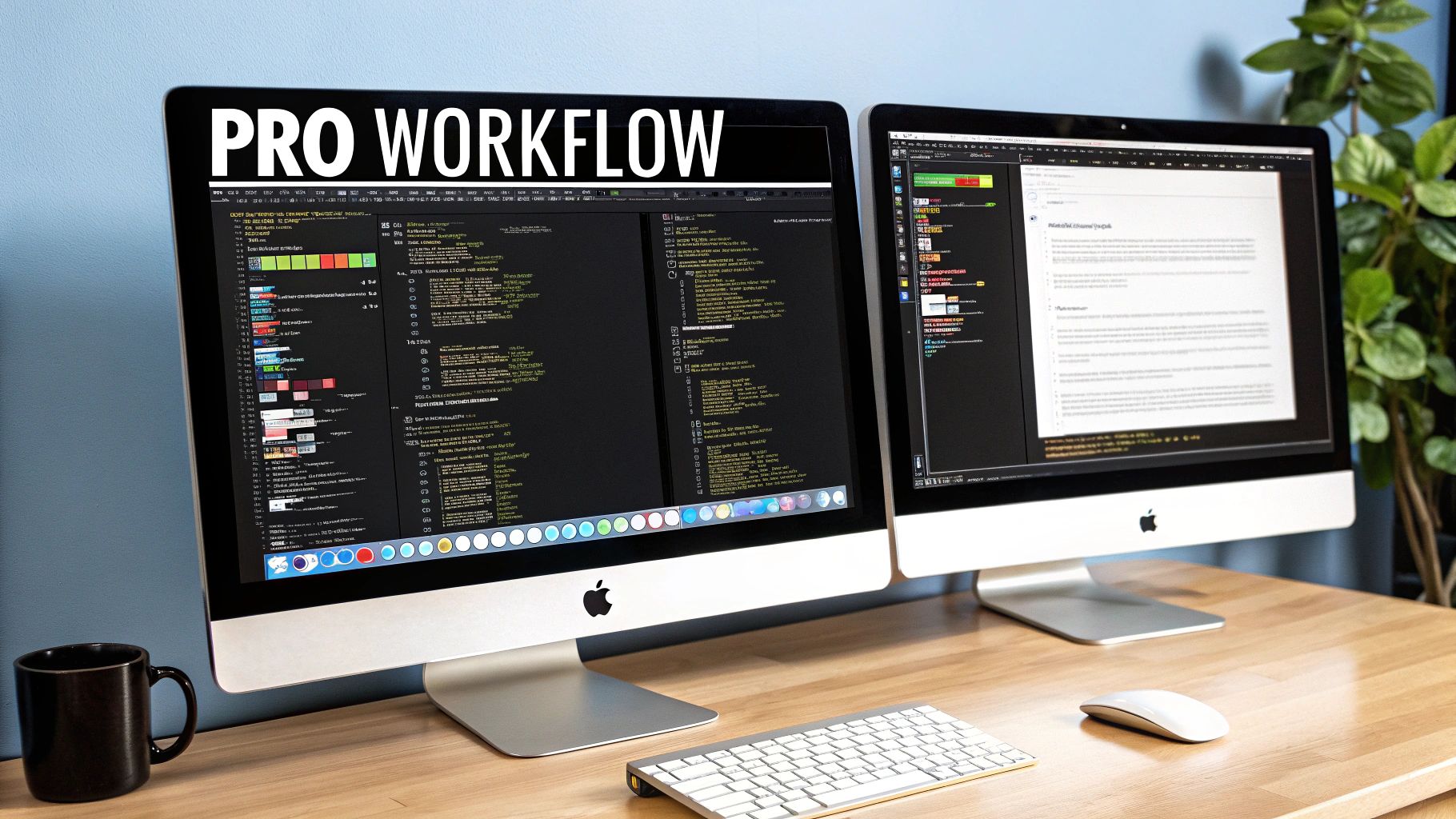 Two Apple iMac computers on a wooden desk with a 'PRO WORKFLOW' overlay, showing code and documents.