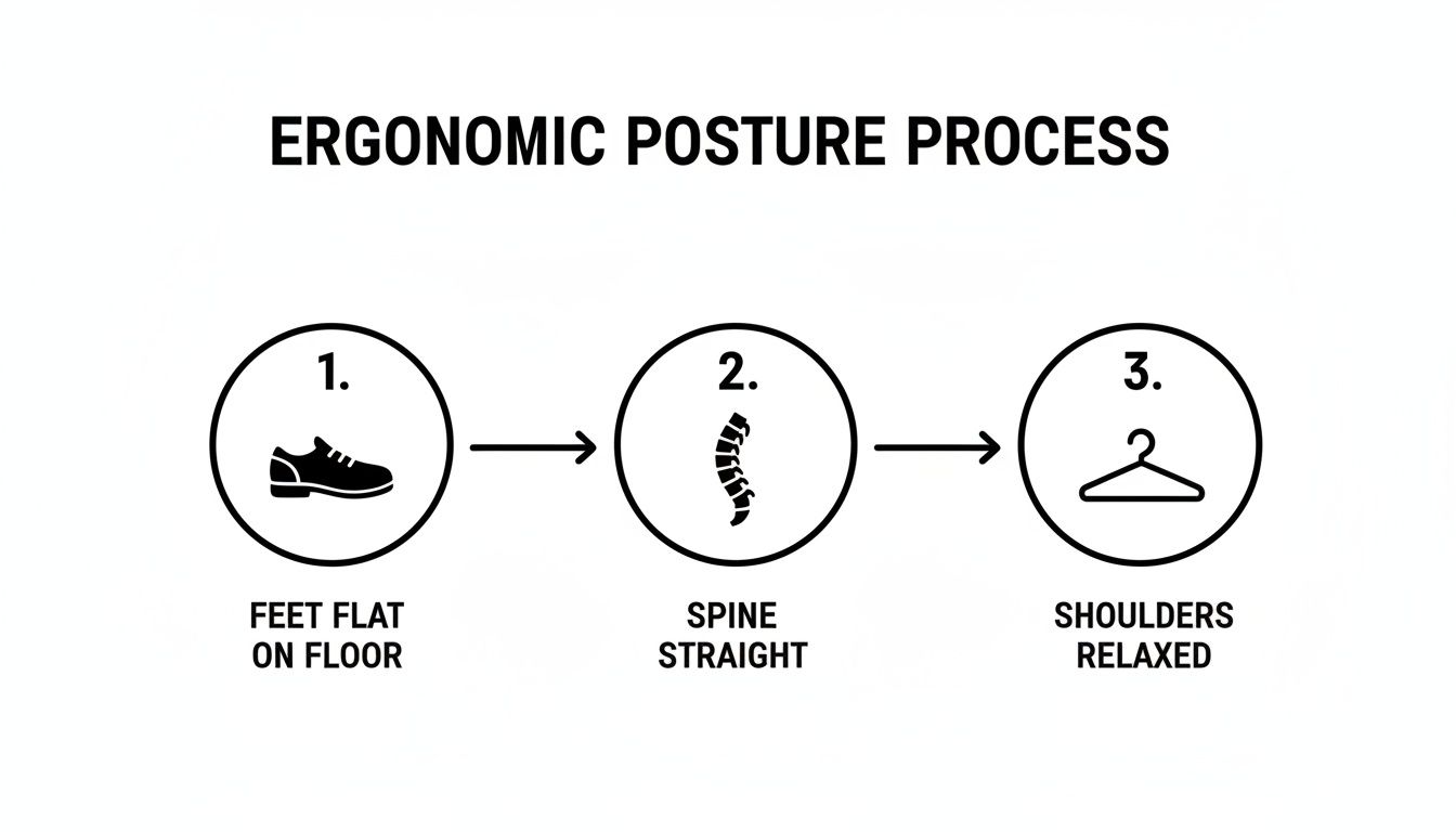 Diagram illustrating the three steps of ergonomic posture: feet flat, spine straight, shoulders relaxed.