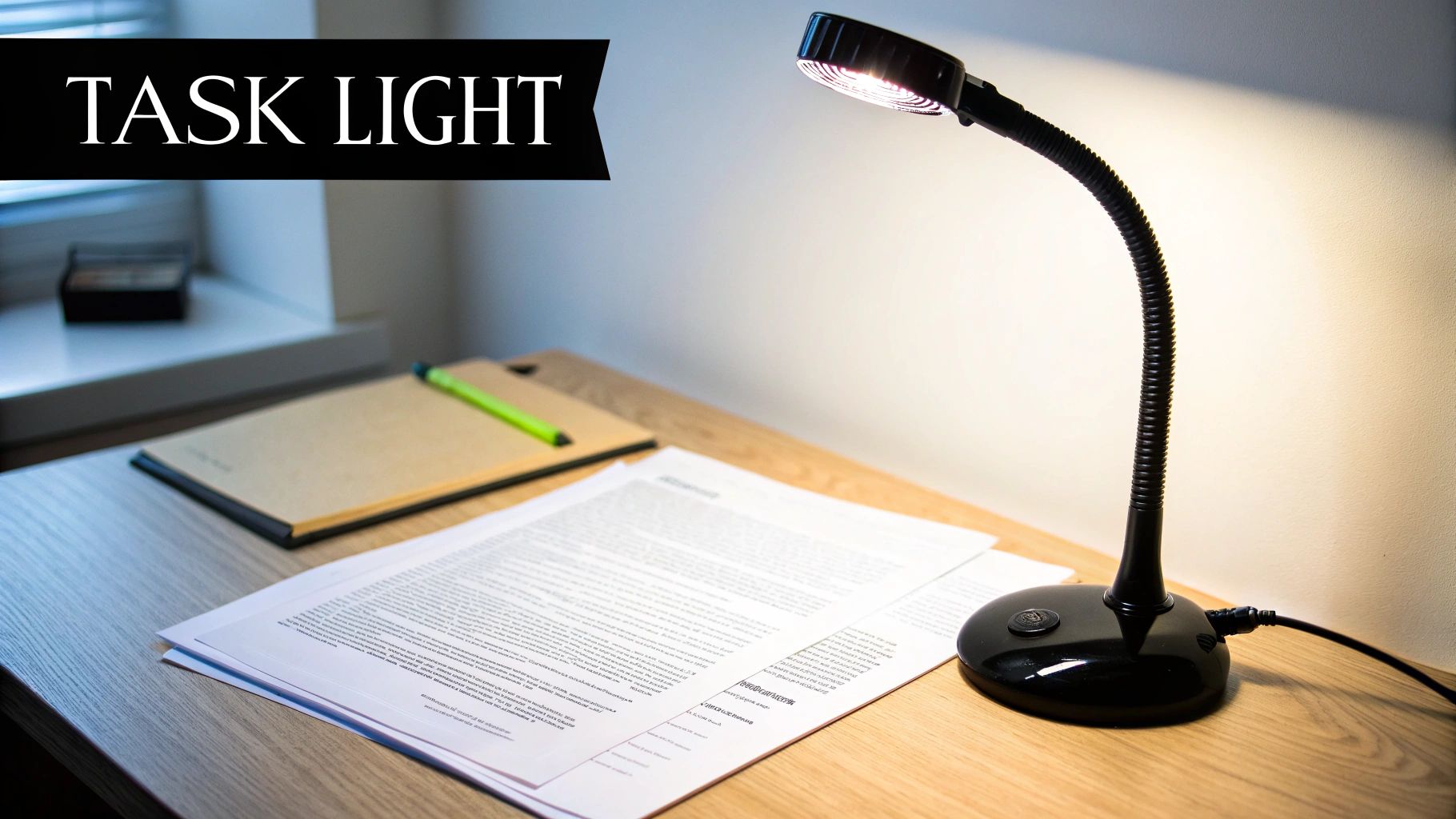 A black flexible gooseneck task light illuminates papers on a light wooden desk in an office.
