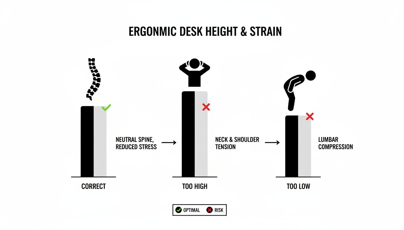 Diagram illustrating correct, too high, and too low ergonomic desk heights and their impact on posture.