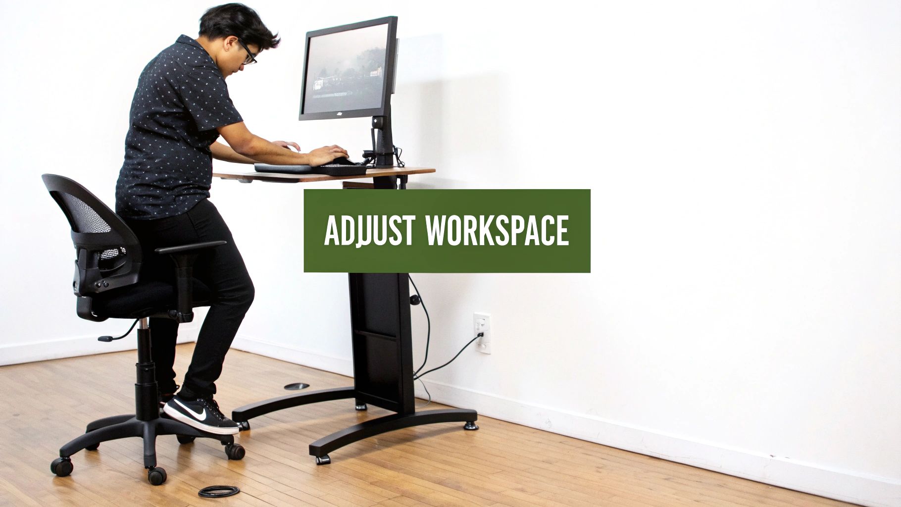 A person stands at an adjustable desk, typing on a keyboard, with an office chair nearby.