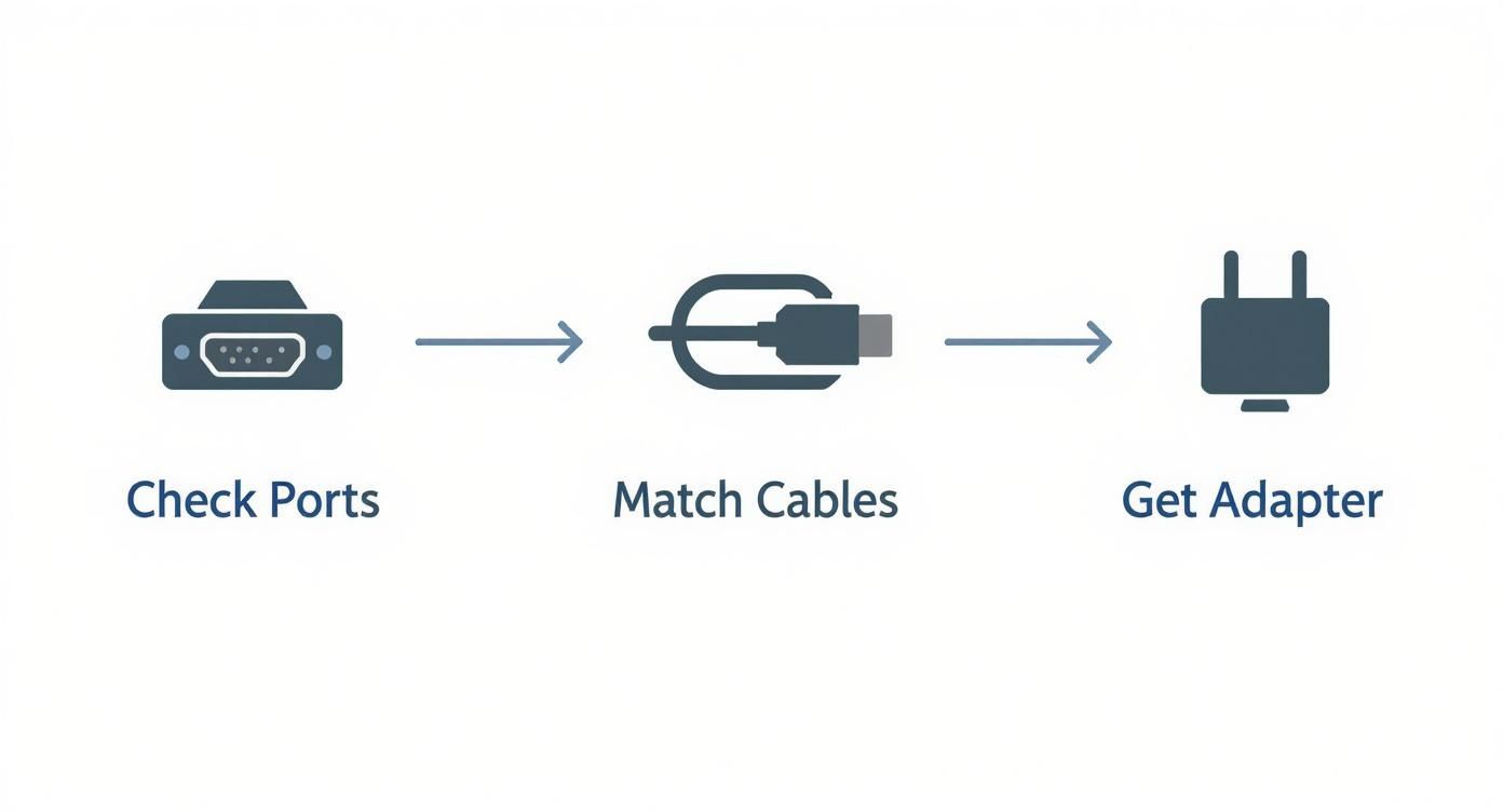 A three-step diagram illustrates connecting devices: Check Ports, Match Cables, Get Adapter icons.
