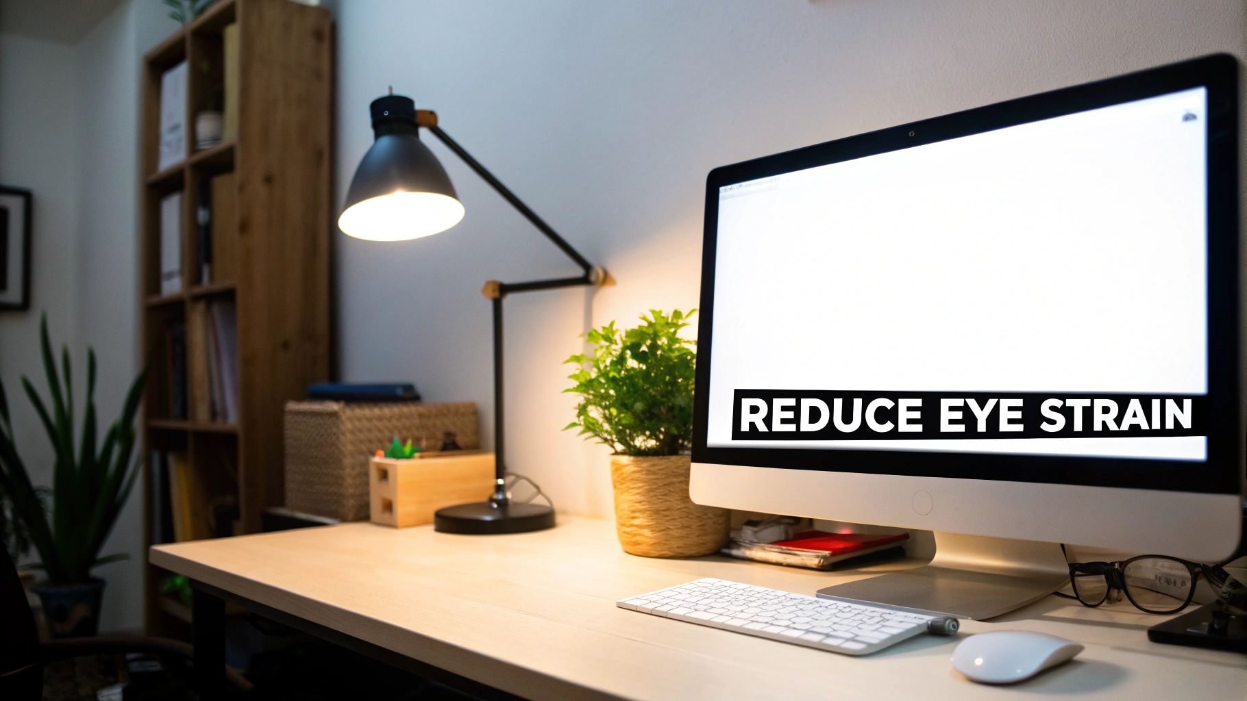 A well-organized home office desk with a computer displaying "REDUCE EYE STRAIN", a lamp, and a plant.