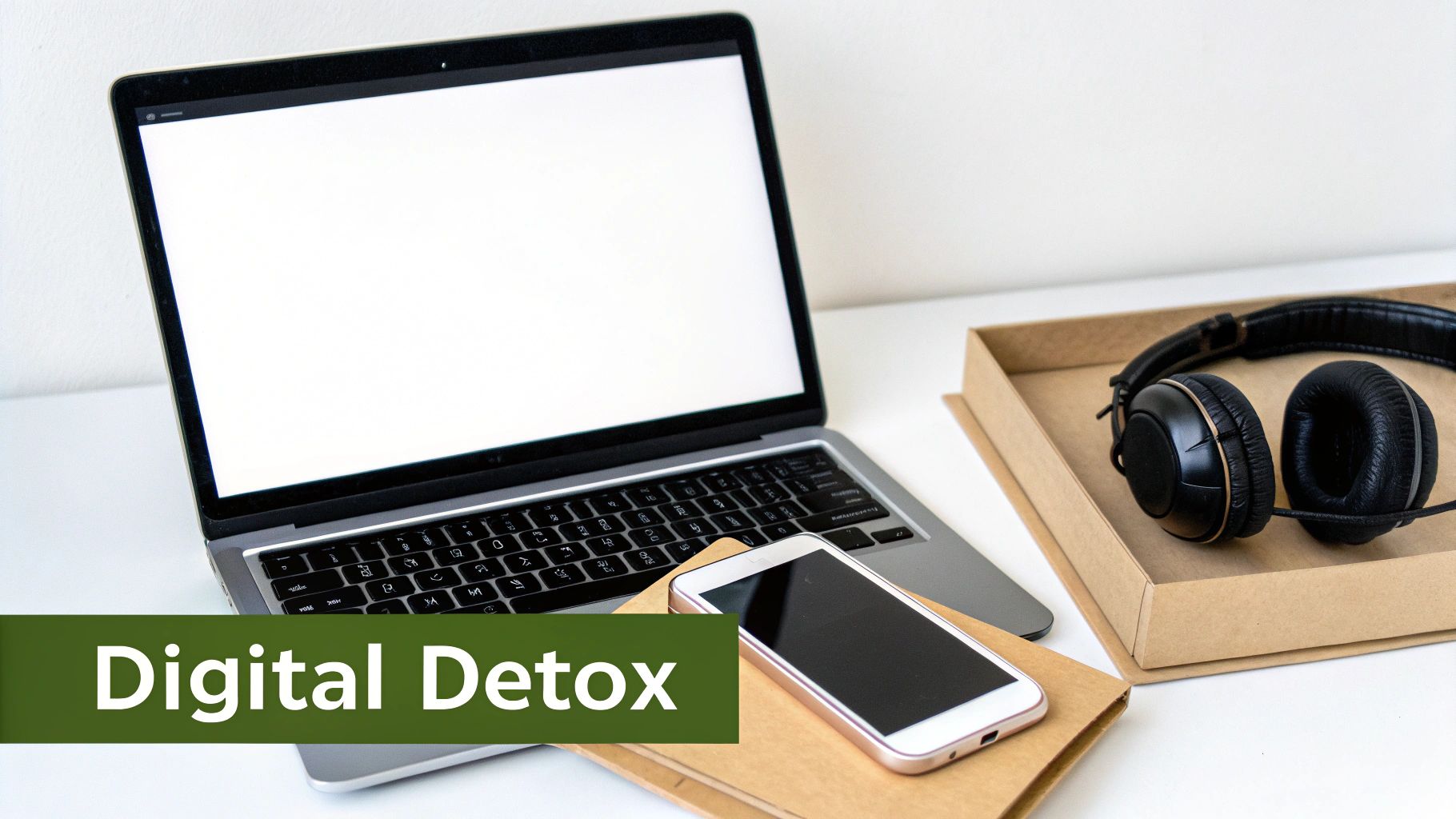 A modern workspace with a laptop, smartphone, headphones, and book, promoting a digital detox.