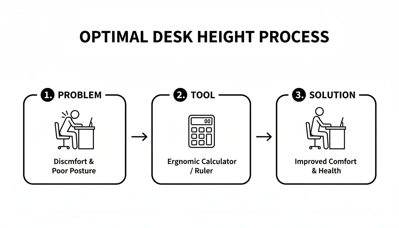 A step-by-step diagram showing the optimal desk height process for comfort and health.