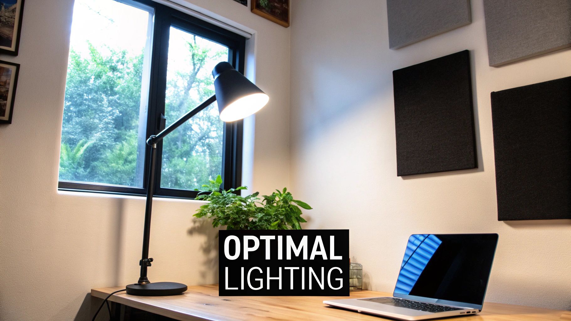 A home office desk with a black lamp, laptop, plants, and a window, highlighting optimal lighting.